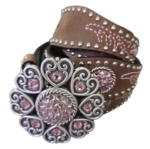 Nocona Womens Brown Leather Scalloped Belt Buckle Pink Rhinestones & Studs Sz LG